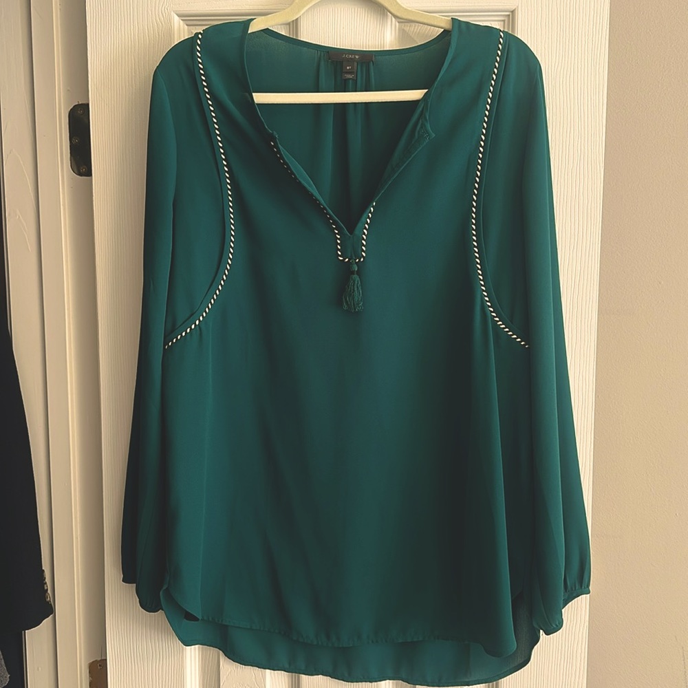 J Crew green Tassel Trim popover blouse - 8 TALL